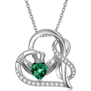 Emerald Claddagh Infinity Necklace Sterling Silver White Gold Plated NWT